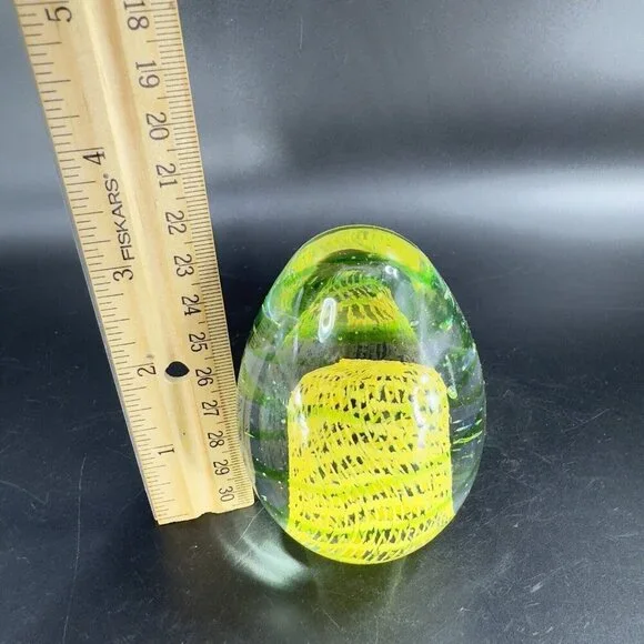 Art Glass Paperweight With Yellow Green Swirls All Over Egg Shaped Paperweight - Picture 5 of 16